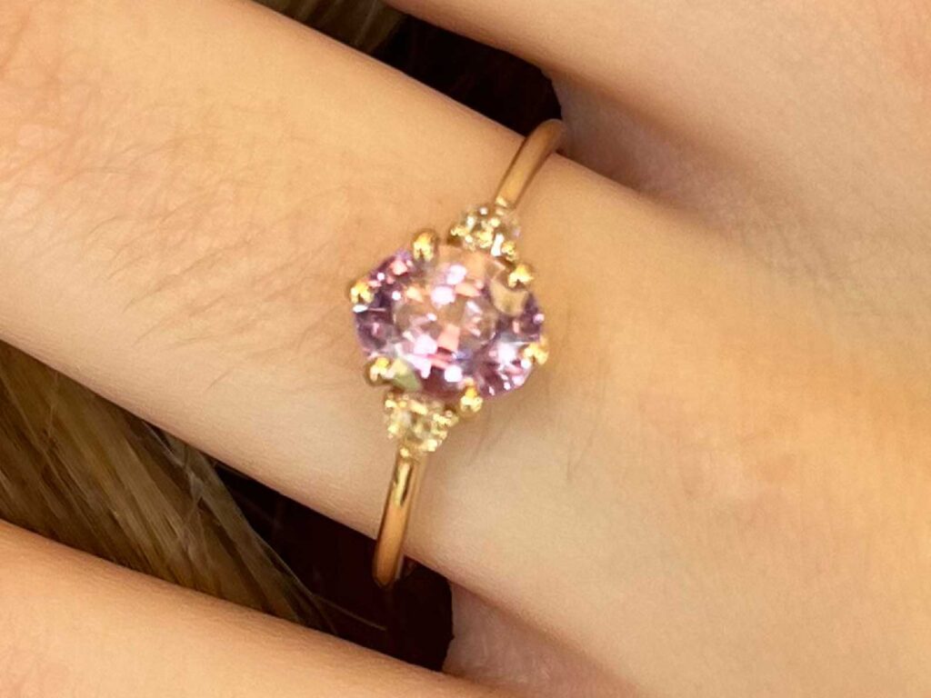 Rosana lavender sapphire and rose-cut diamond ring worn on hand