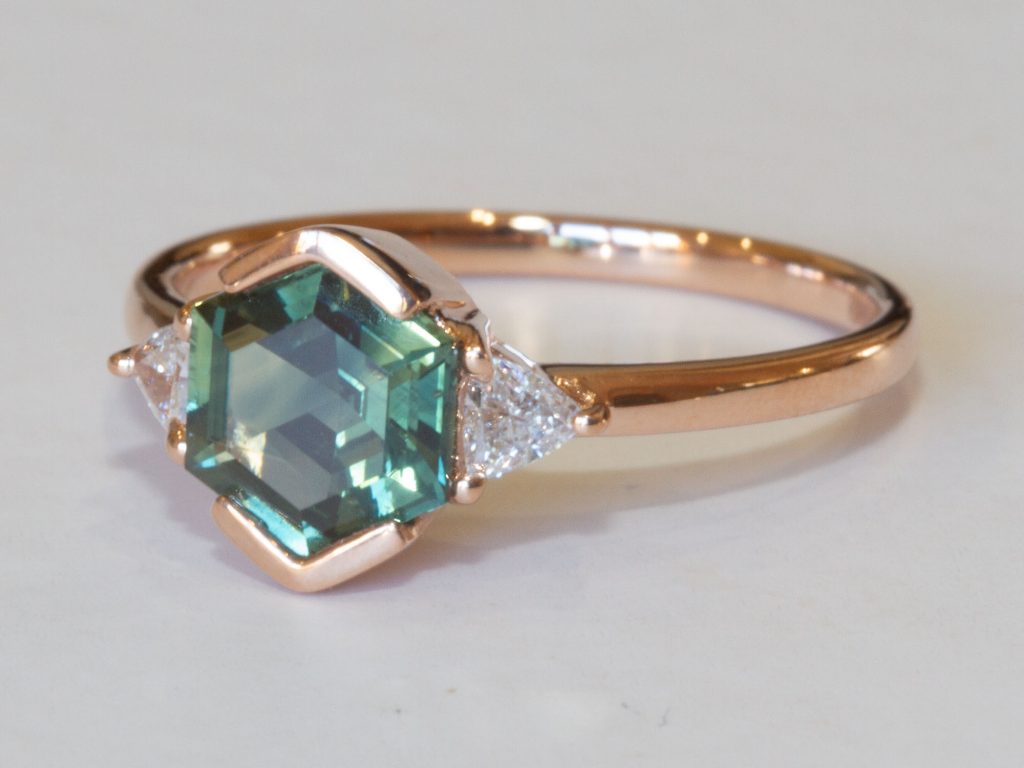 Trillare Teal sapphire and trilliant diamond ring setting profile