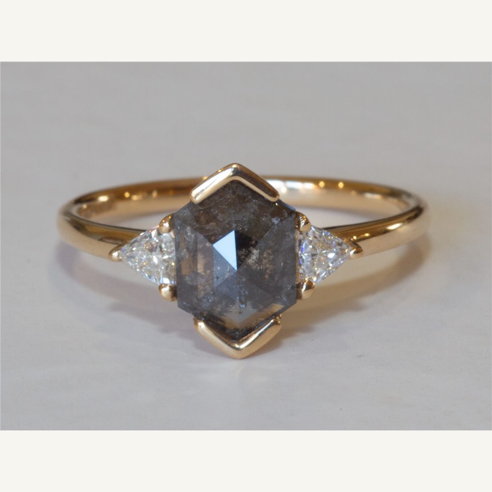 Trillare salt-and-pepper diamond and trilliant diamond engagement ring
